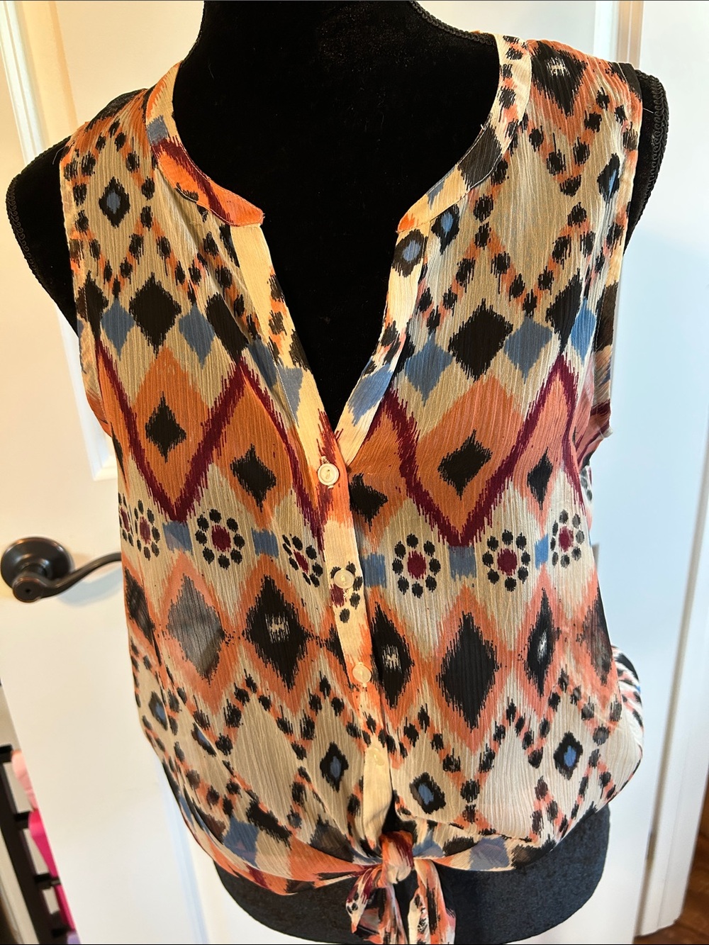 Lucky Brand Sleeveless Tie-Front Printed Blouse - Coral Multi